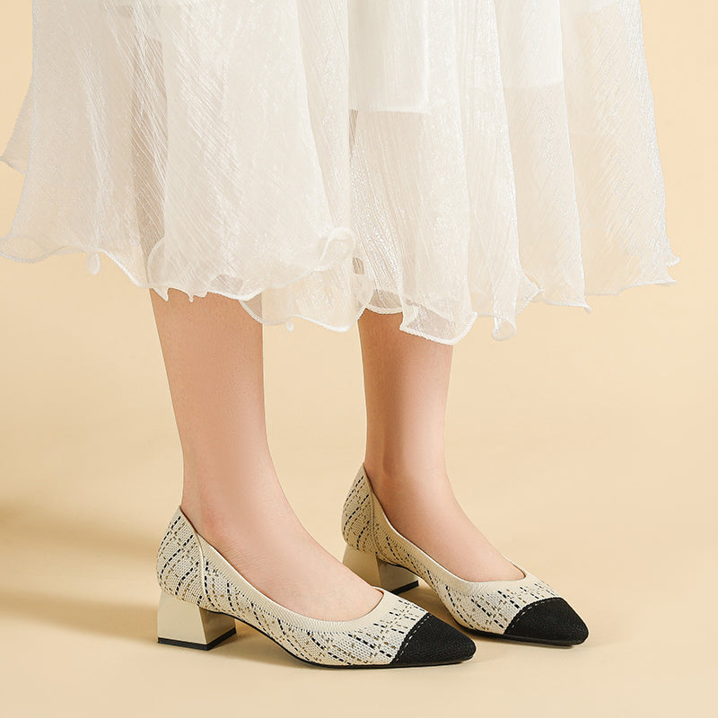 尖ったトゥの浅口粗ヒールカジュアルパンプス(中ヒール4cm)