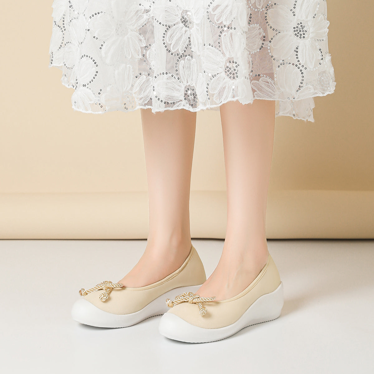 リボンデザイン ラウンドトゥ ウェッジシューズ