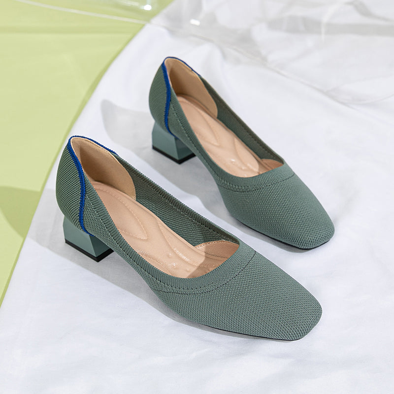 方頭王妃シューズ 太ヒールパンプス 4cmミドルヒール