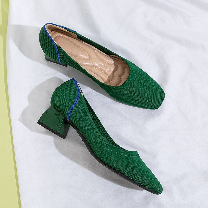 方頭王妃シューズ 太ヒールパンプス 4cmミドルヒール