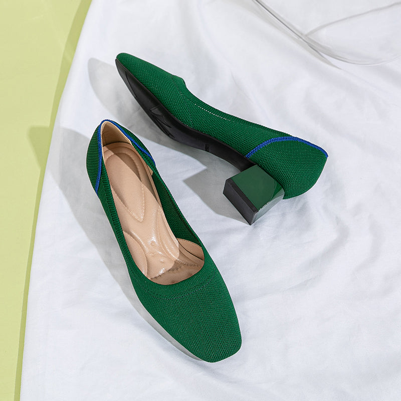 方頭王妃シューズ 太ヒールパンプス 4cmミドルヒール