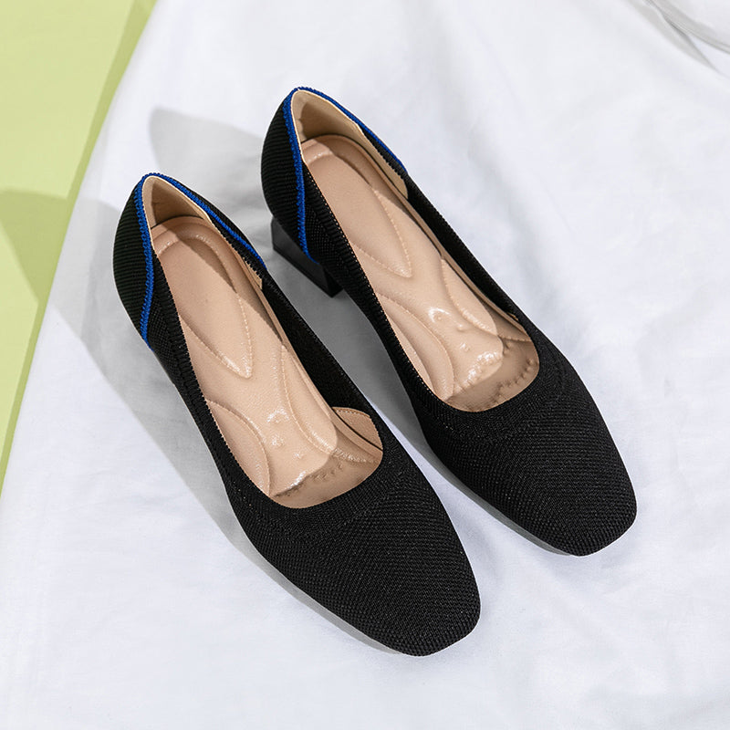 方頭王妃シューズ 太ヒールパンプス 4cmミドルヒール