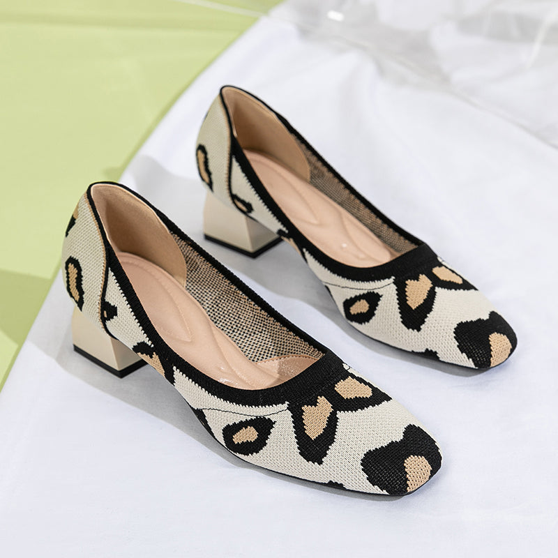 方頭王妃シューズ 太ヒールパンプス 4cmミドルヒール