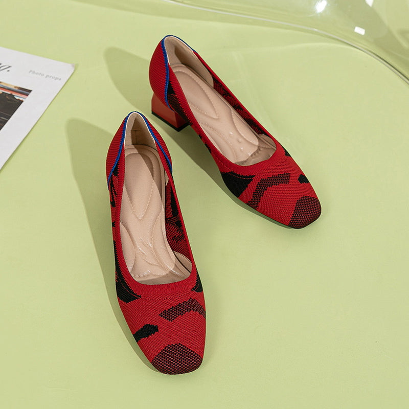 方頭王妃シューズ 太ヒールパンプス 4cmミドルヒール