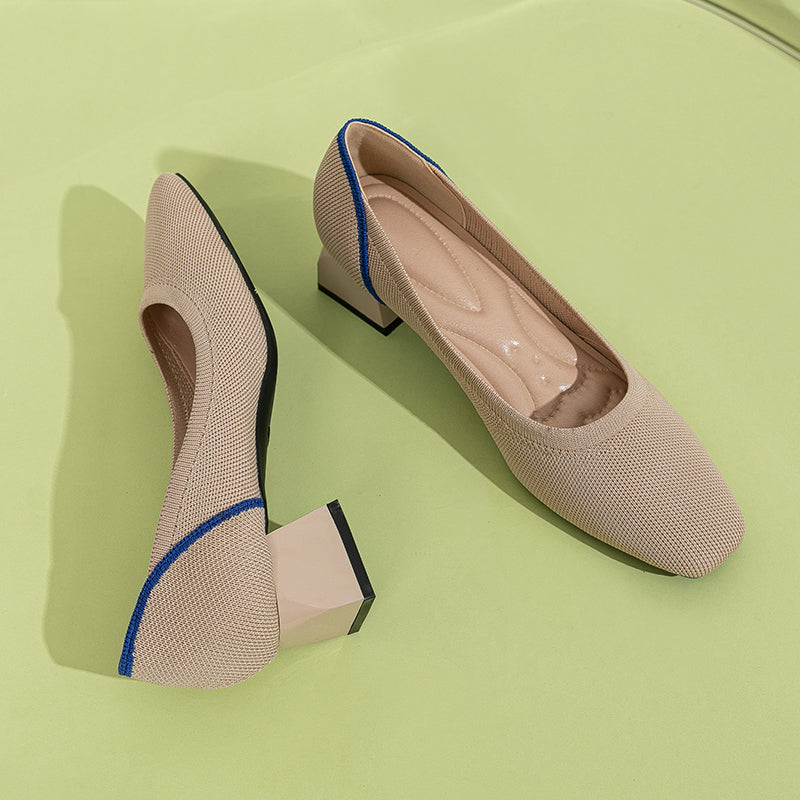 方頭王妃シューズ 太ヒールパンプス 4cmミドルヒール