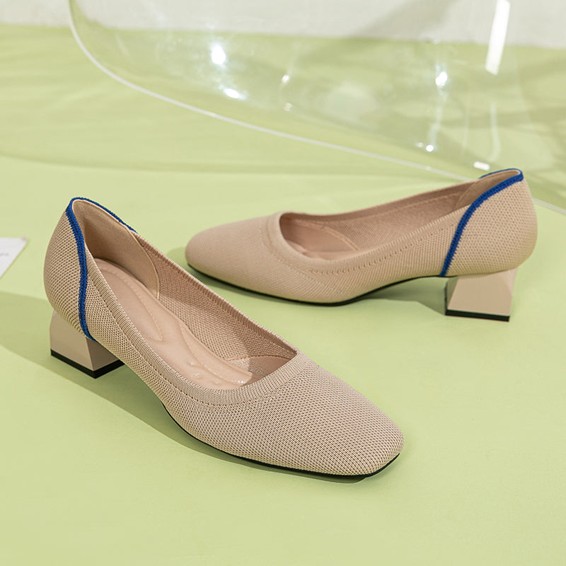 方頭王妃シューズ 太ヒールパンプス 4cmミドルヒール