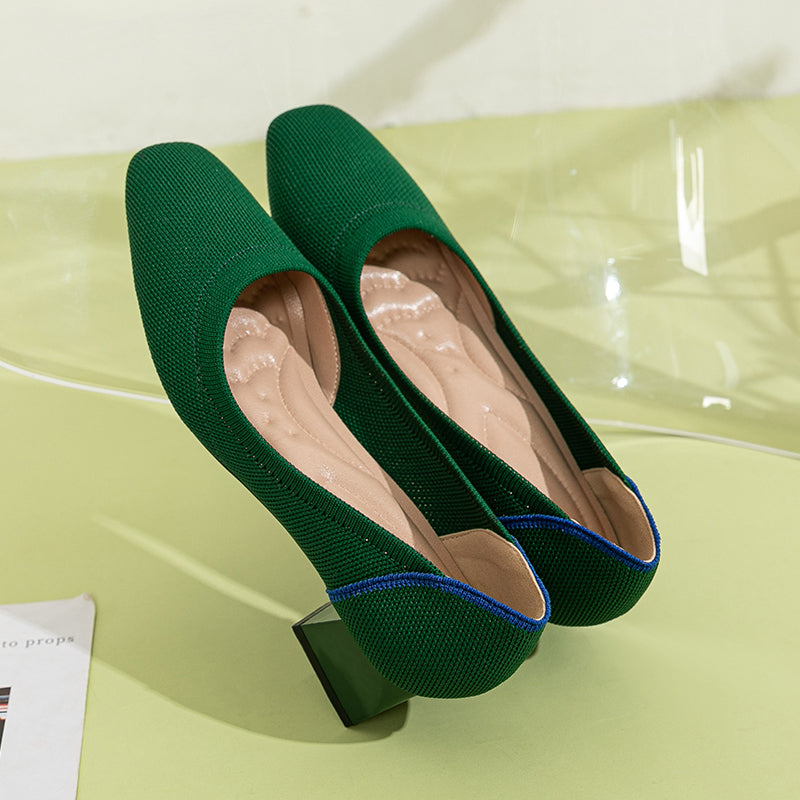 方頭王妃シューズ 太ヒールパンプス 4cmミドルヒール