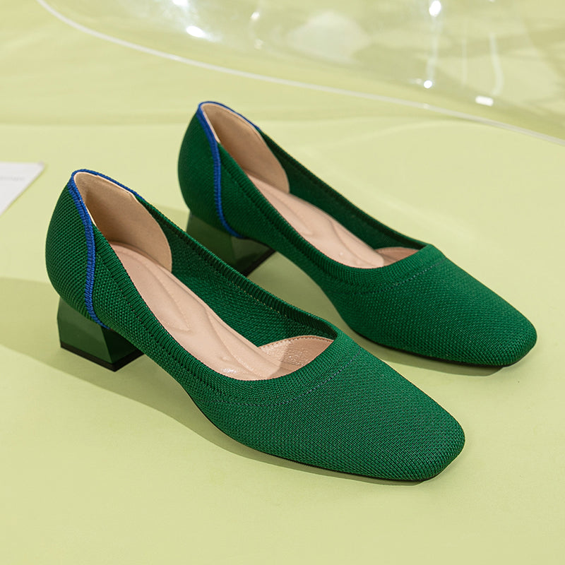 方頭王妃シューズ 太ヒールパンプス 4cmミドルヒール