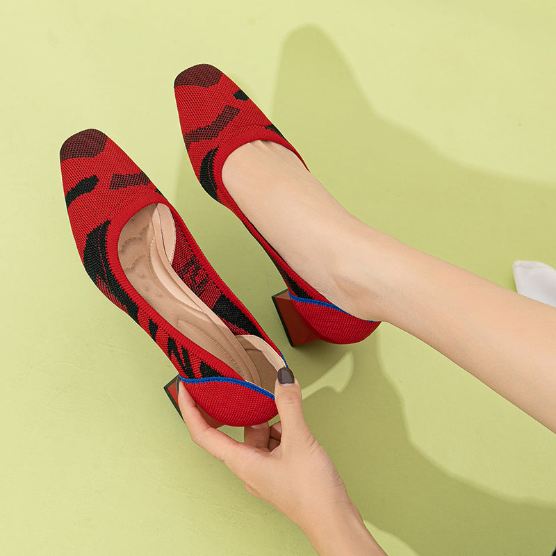 方頭王妃シューズ 太ヒールパンプス 4cmミドルヒール