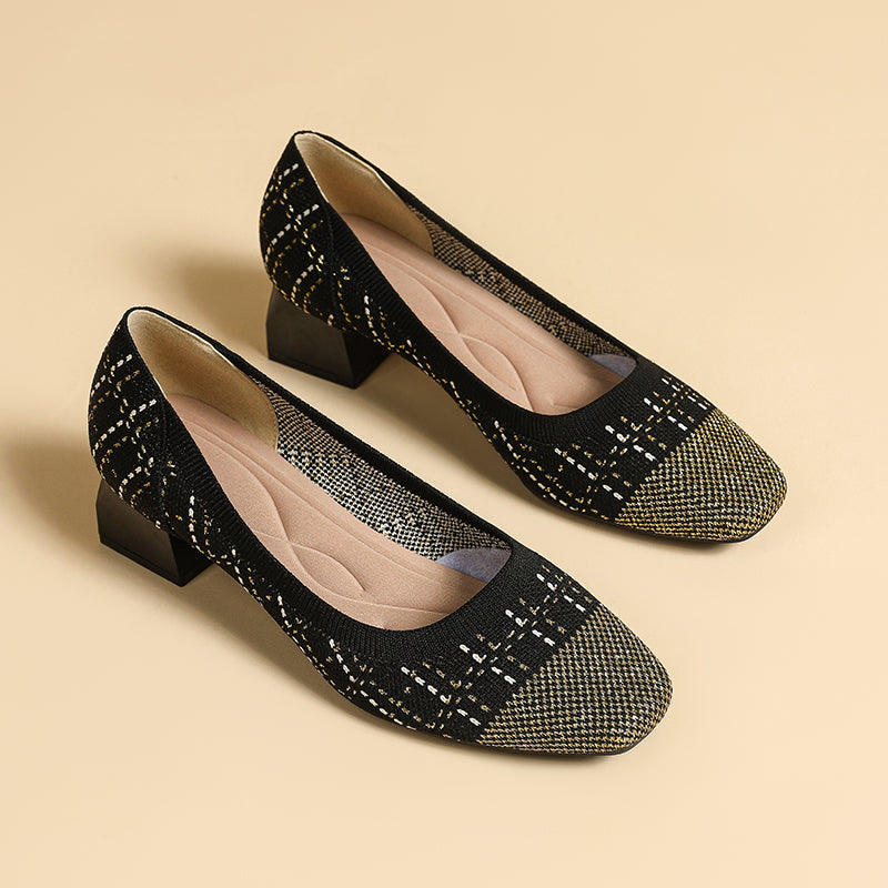 方頭王妃シューズ 太ヒールパンプス 4cmミドルヒール