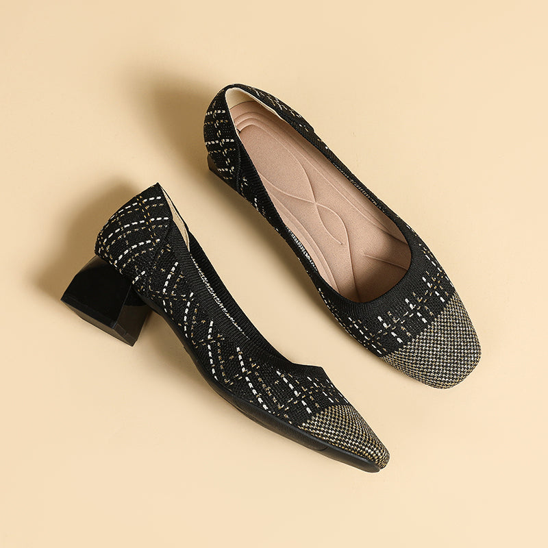 方頭王妃シューズ 太ヒールパンプス 4cmミドルヒール