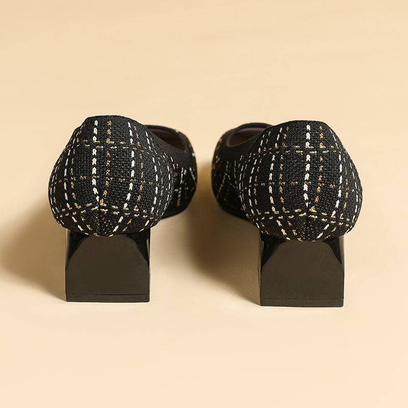 方頭王妃シューズ 太ヒールパンプス 4cmミドルヒール