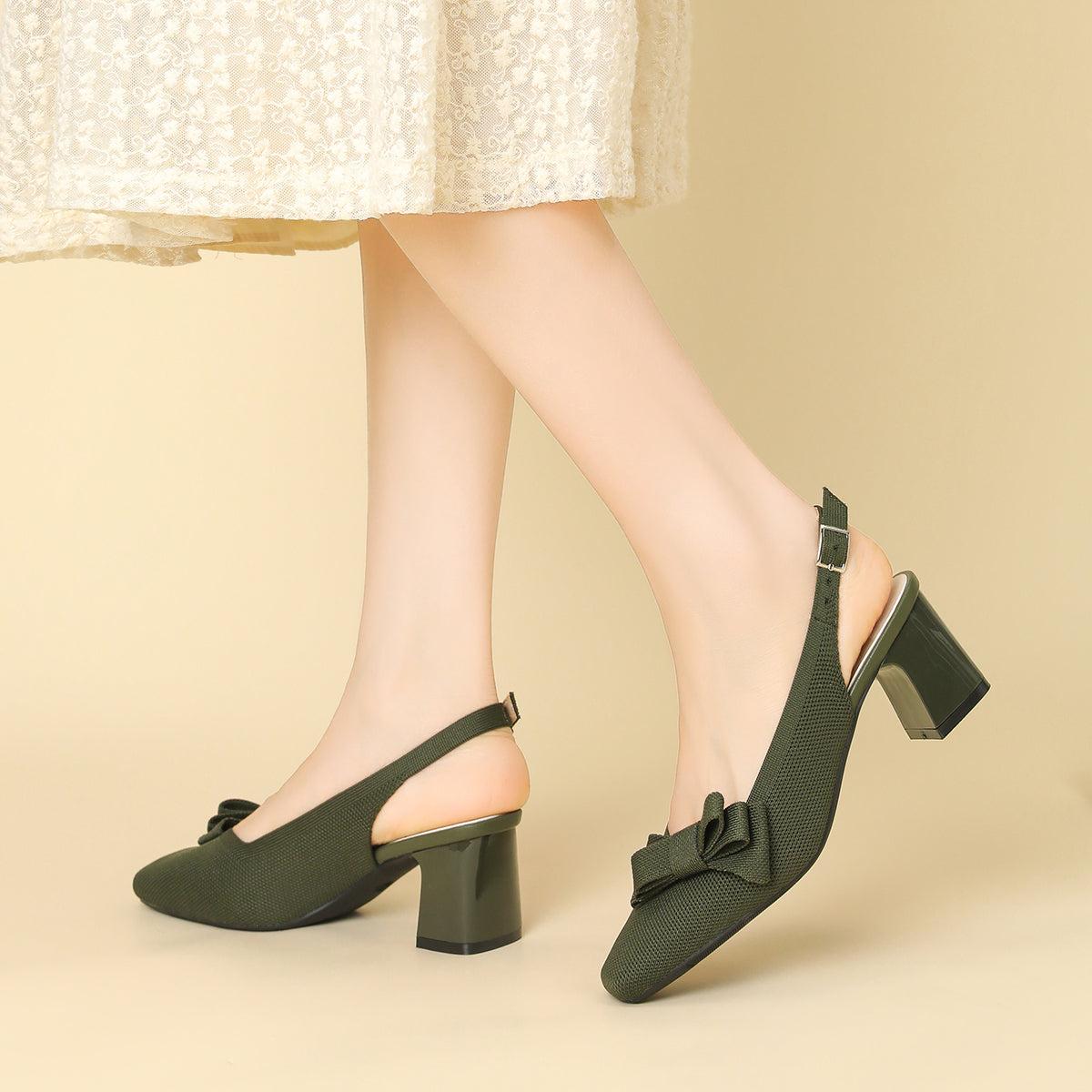 スクエアトゥ 蝶結び付き 太ヒール サンダル レディース