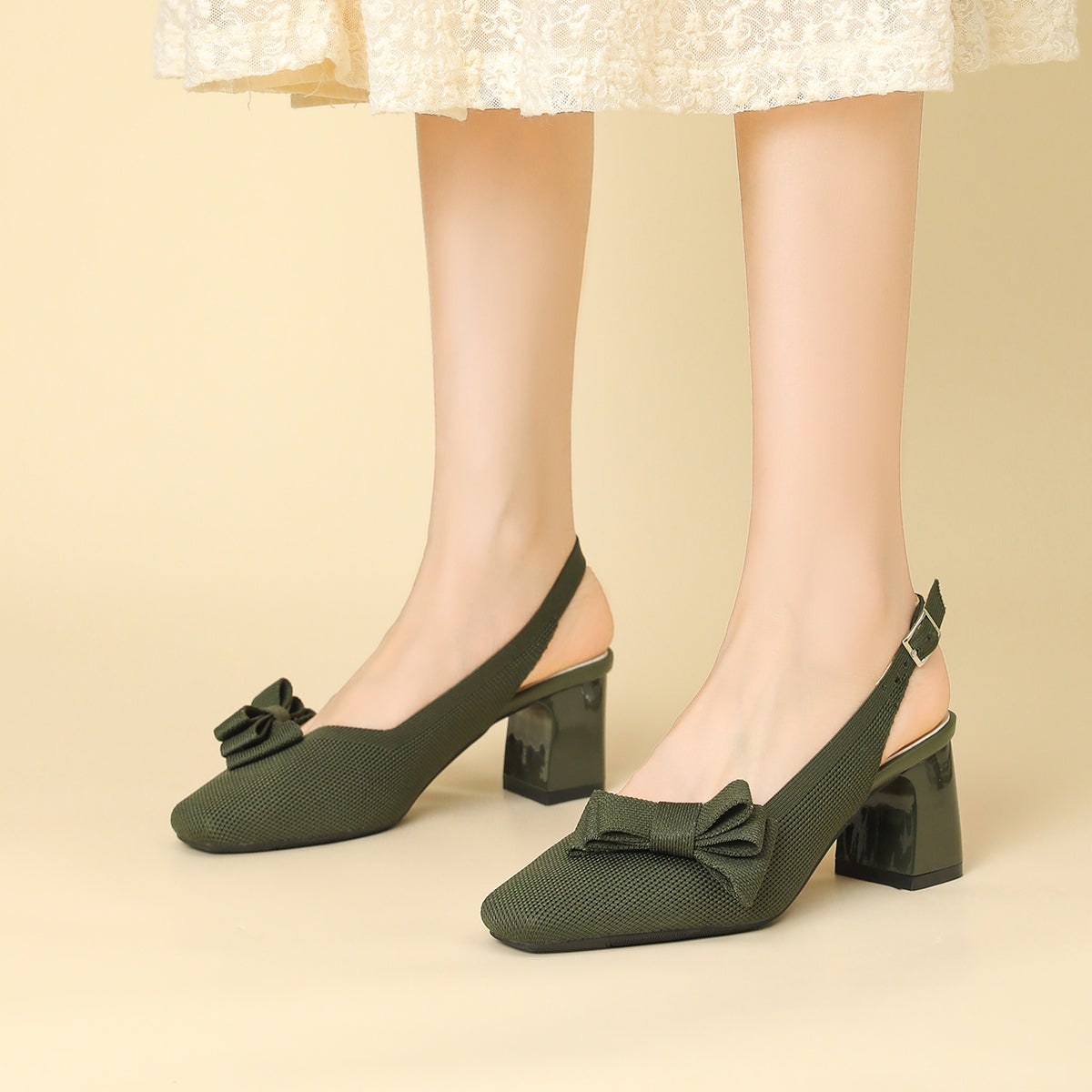 スクエアトゥ 蝶結び付き 太ヒール サンダル レディース