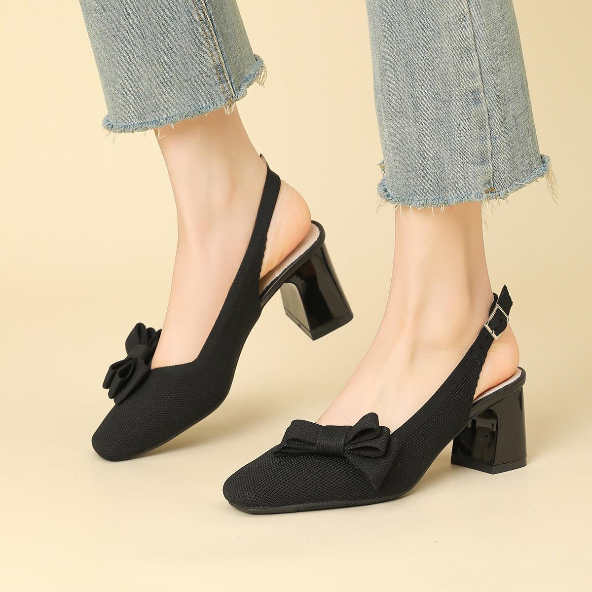 スクエアトゥ 蝶結び付き 太ヒール サンダル レディース