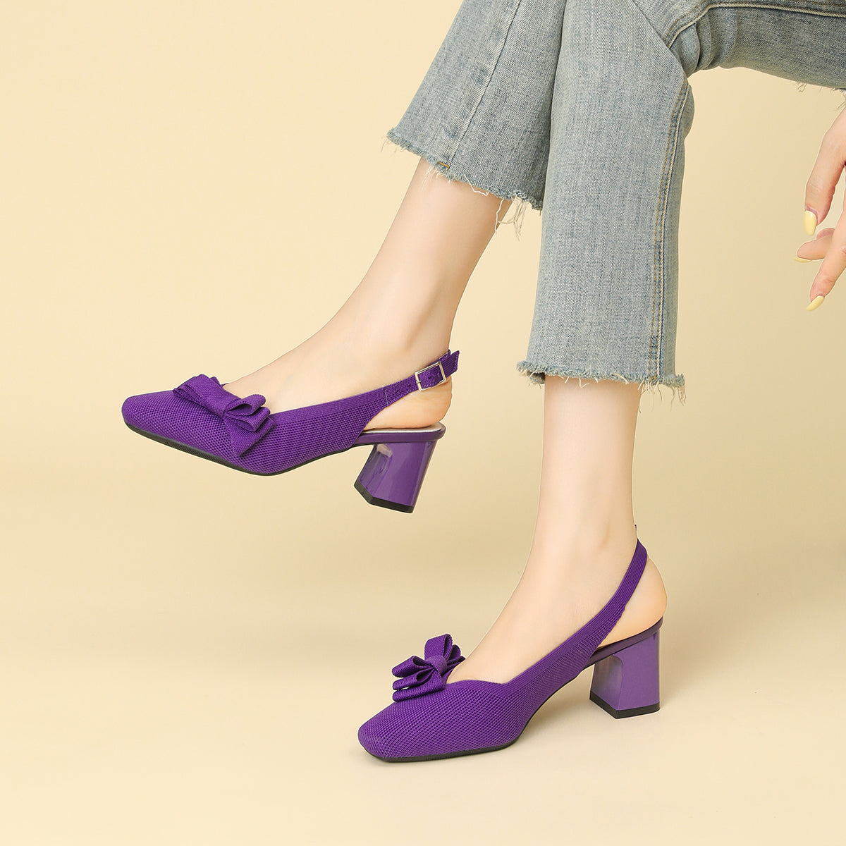 スクエアトゥ 蝶結び付き 太ヒール サンダル レディース
