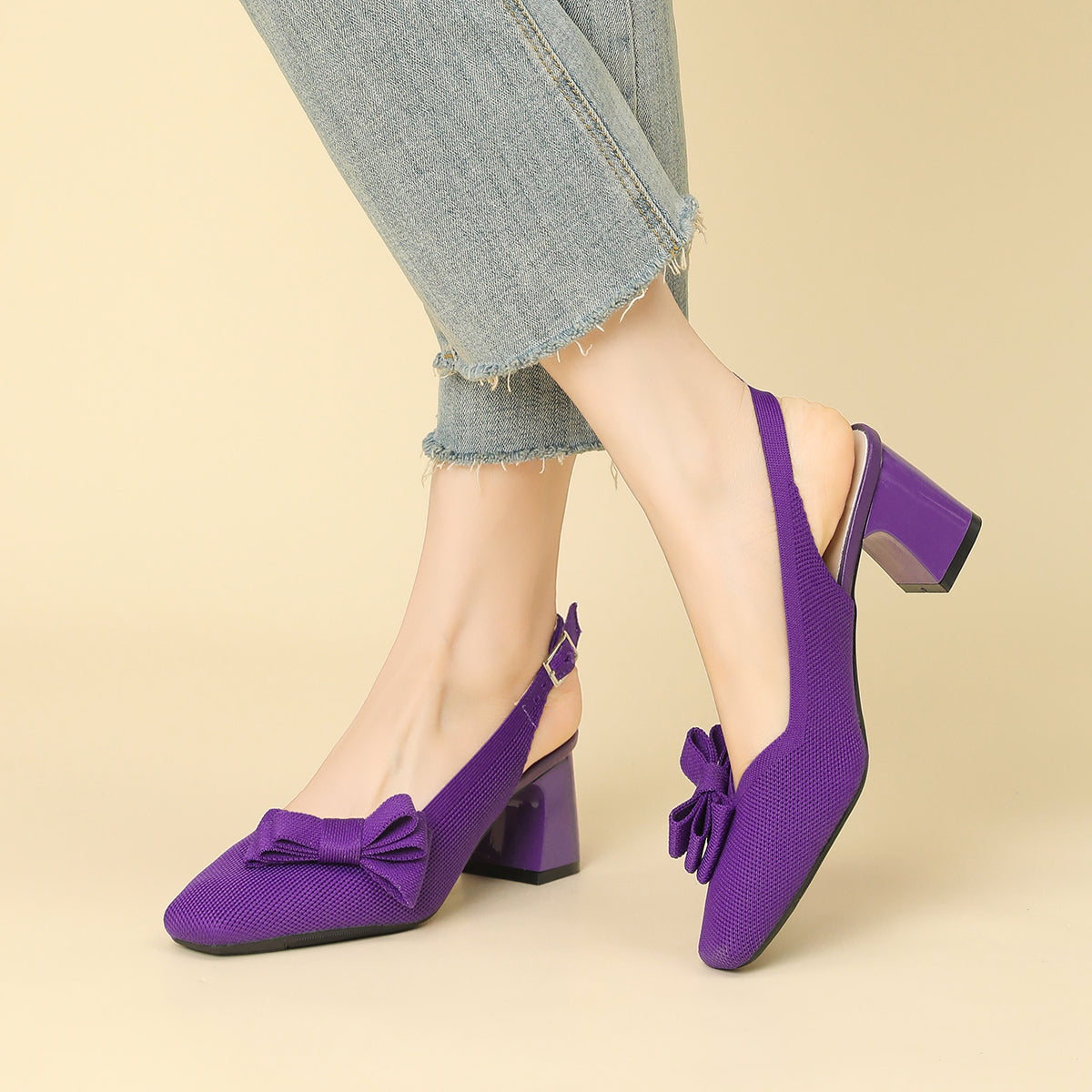 スクエアトゥ 蝶結び付き 太ヒール サンダル レディース