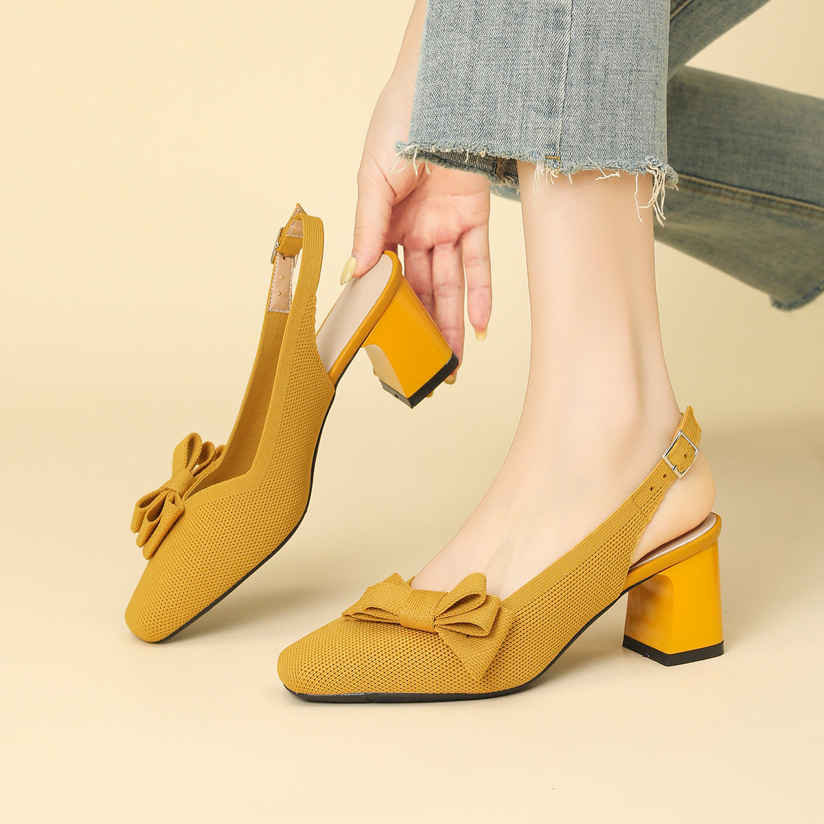 スクエアトゥ 蝶結び付き 太ヒール サンダル レディース