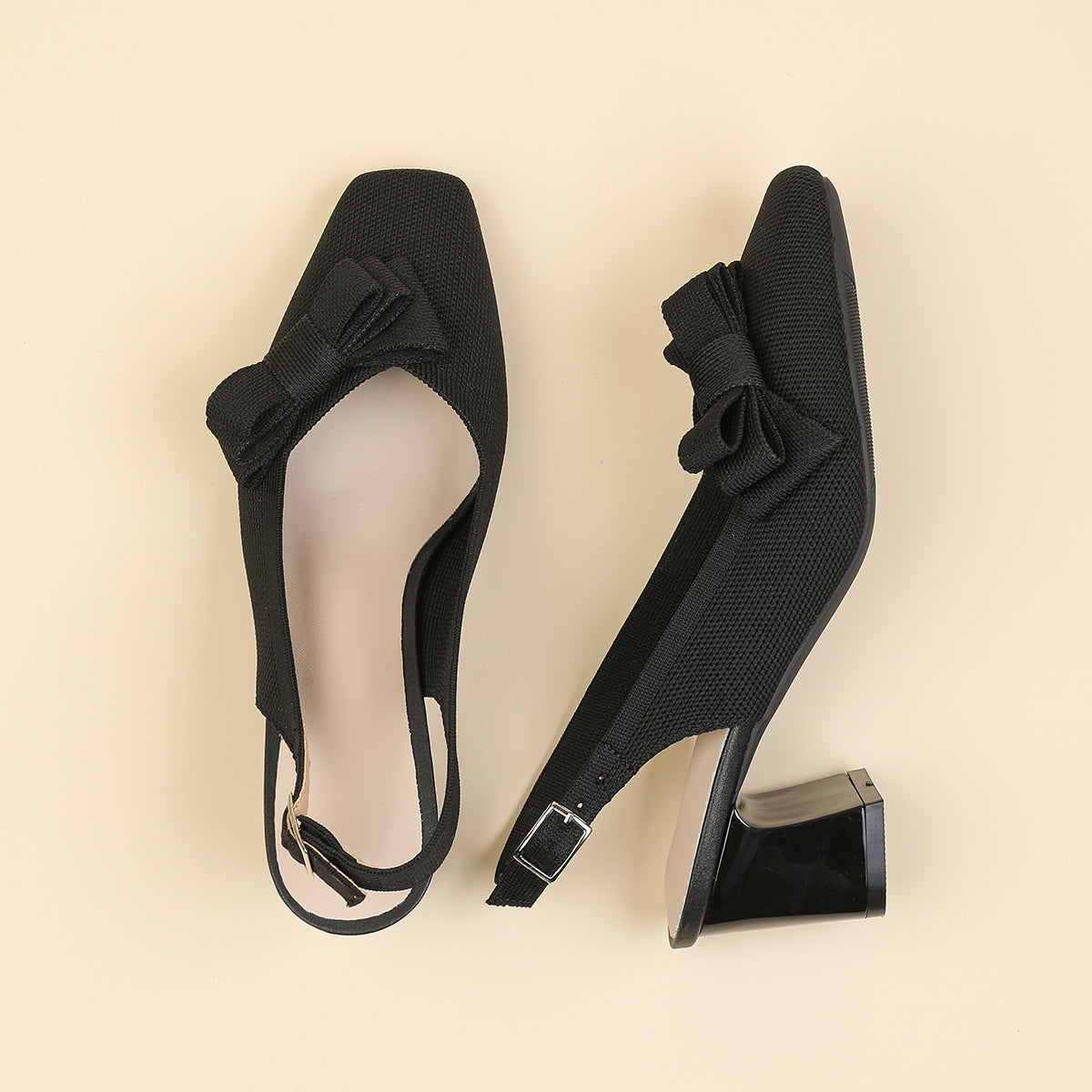 スクエアトゥ 蝶結び付き 太ヒール サンダル レディース