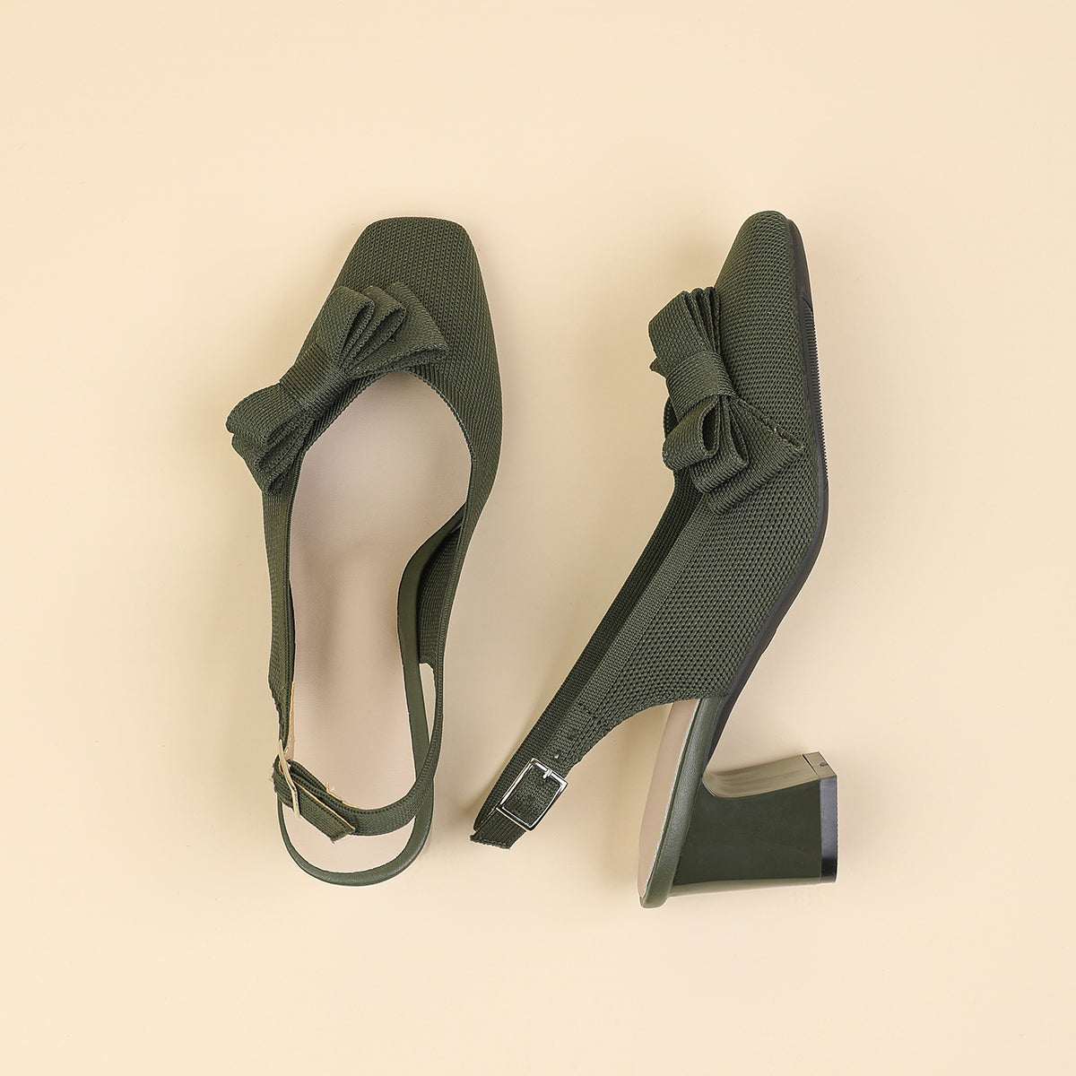 スクエアトゥ 蝶結び付き 太ヒール サンダル レディース