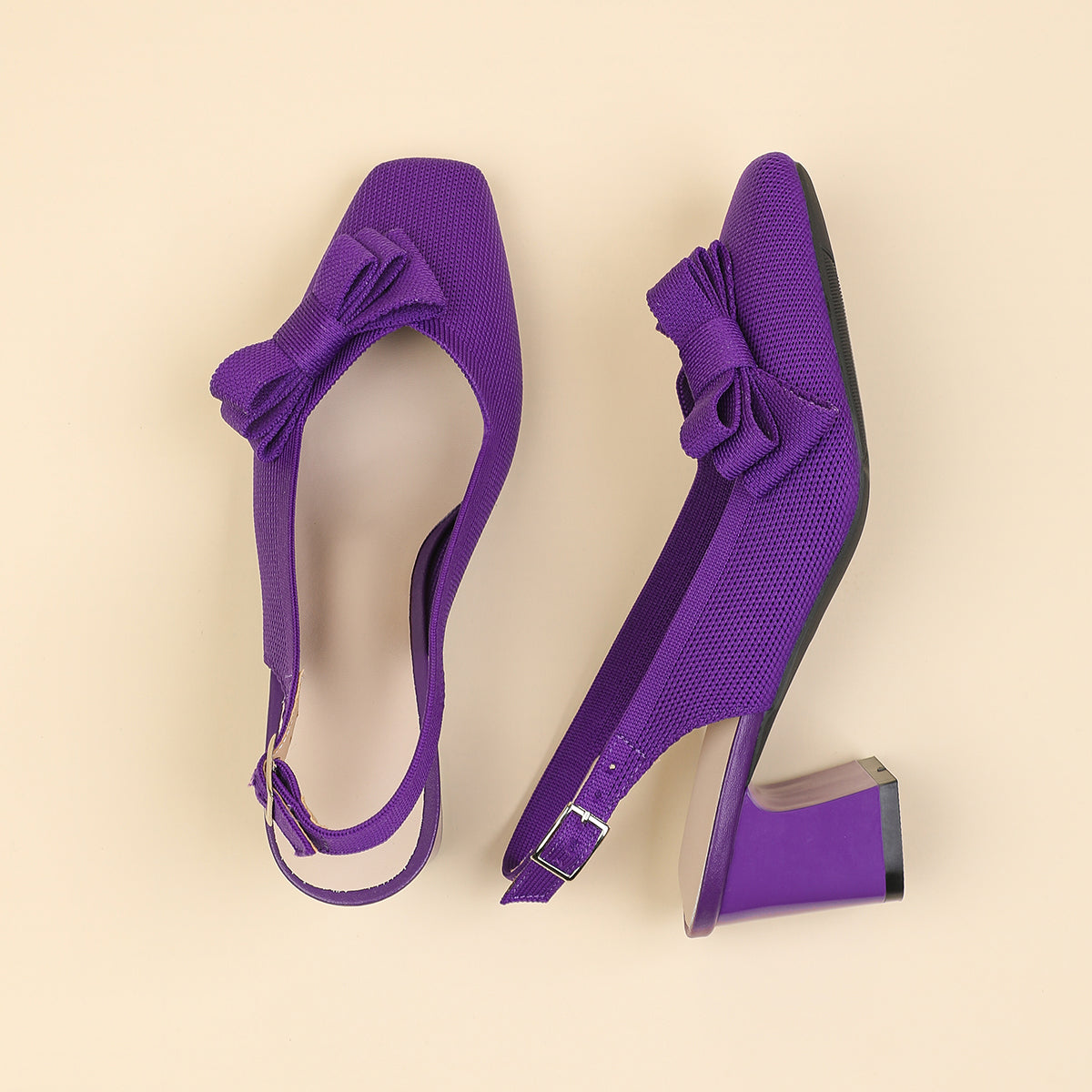 スクエアトゥ 蝶結び付き 太ヒール サンダル レディース