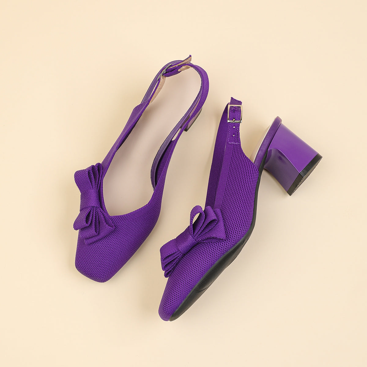 スクエアトゥ 蝶結び付き 太ヒール サンダル レディース