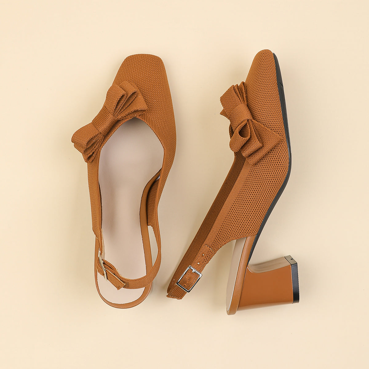スクエアトゥ 蝶結び付き 太ヒール サンダル レディース