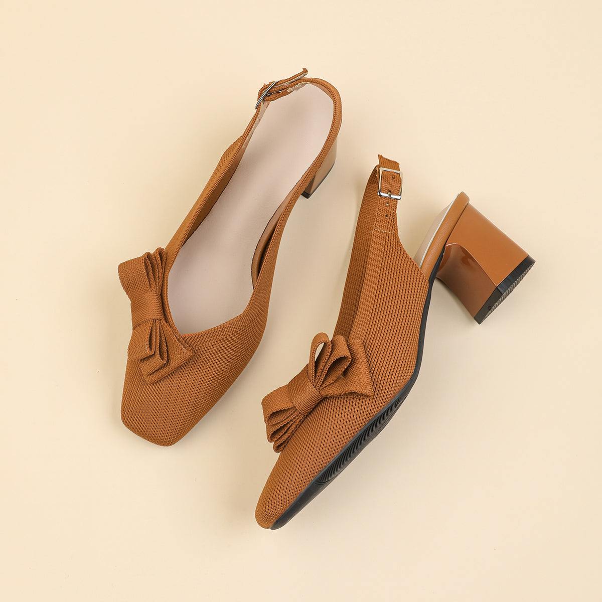 スクエアトゥ 蝶結び付き 太ヒール サンダル レディース