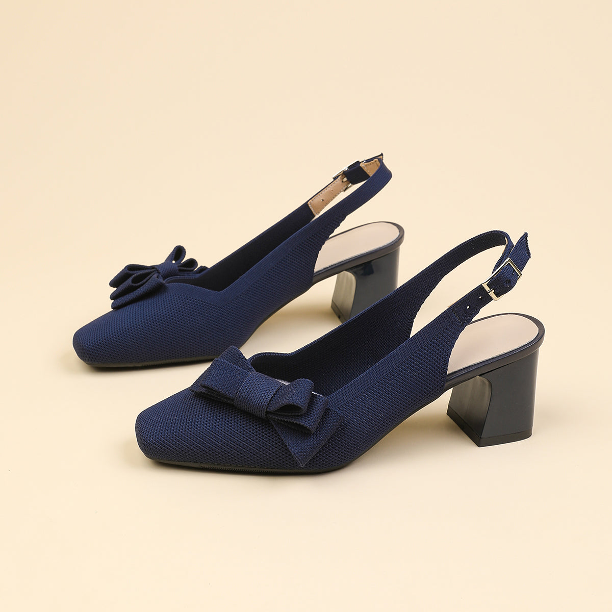 スクエアトゥ 蝶結び付き 太ヒール サンダル レディース