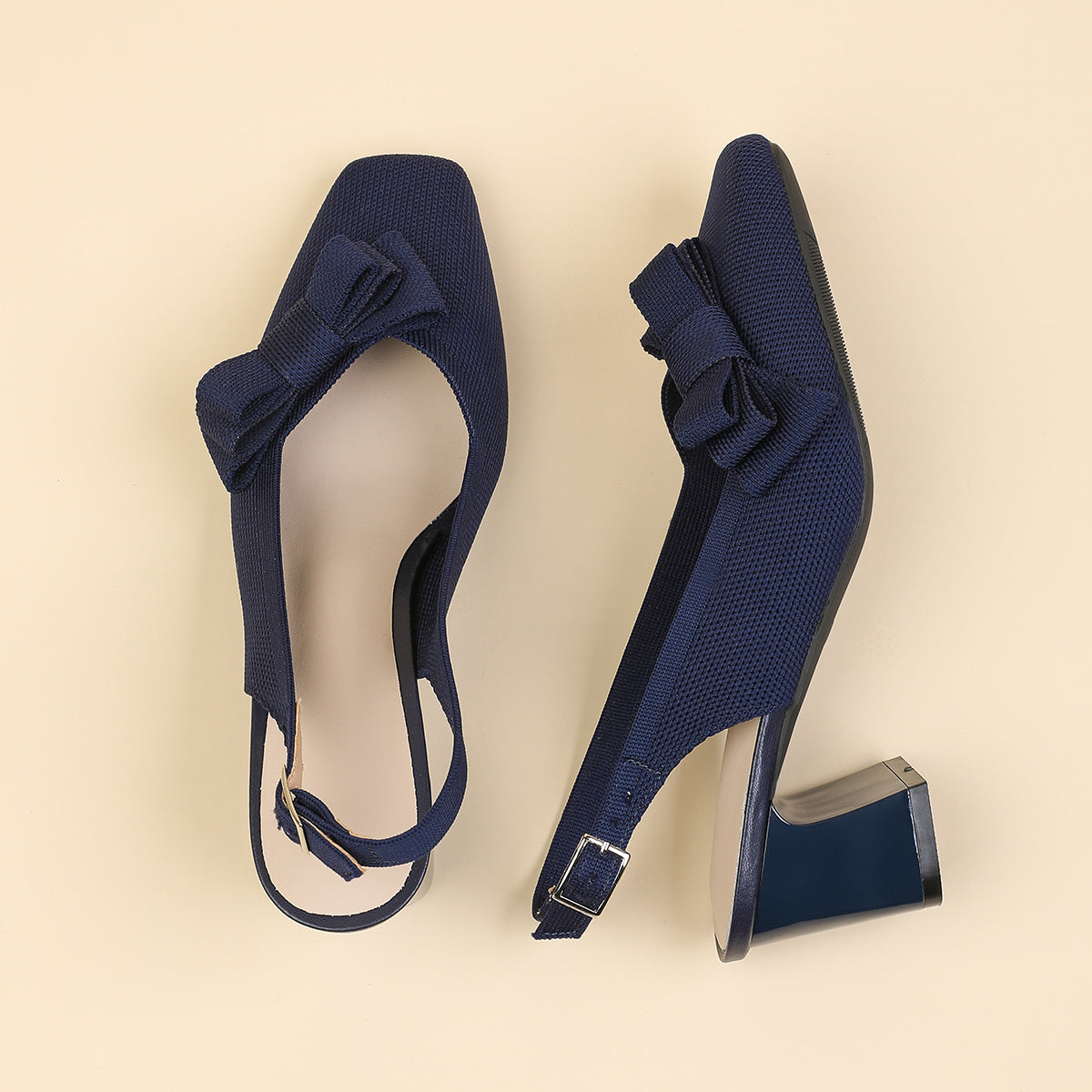 スクエアトゥ 蝶結び付き 太ヒール サンダル レディース