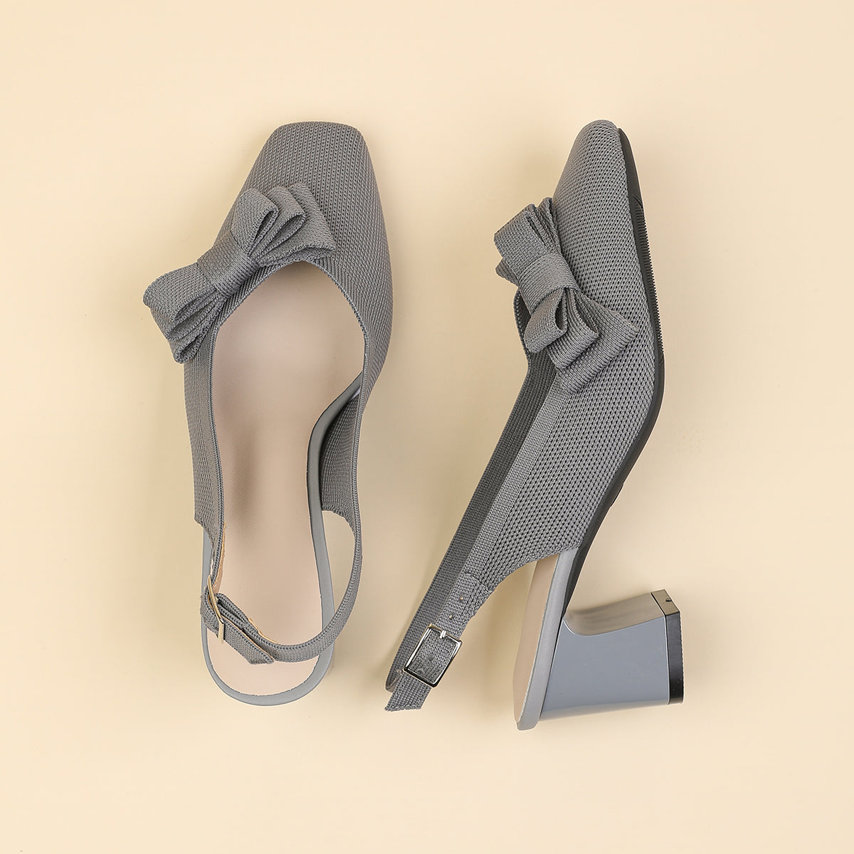 スクエアトゥ 蝶結び付き 太ヒール サンダル レディース