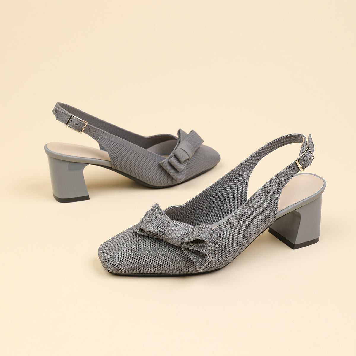 スクエアトゥ 蝶結び付き 太ヒール サンダル レディース