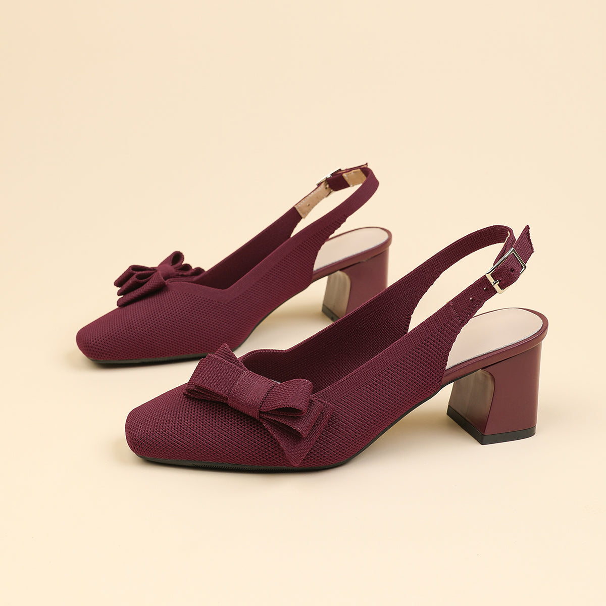スクエアトゥ 蝶結び付き 太ヒール サンダル レディース