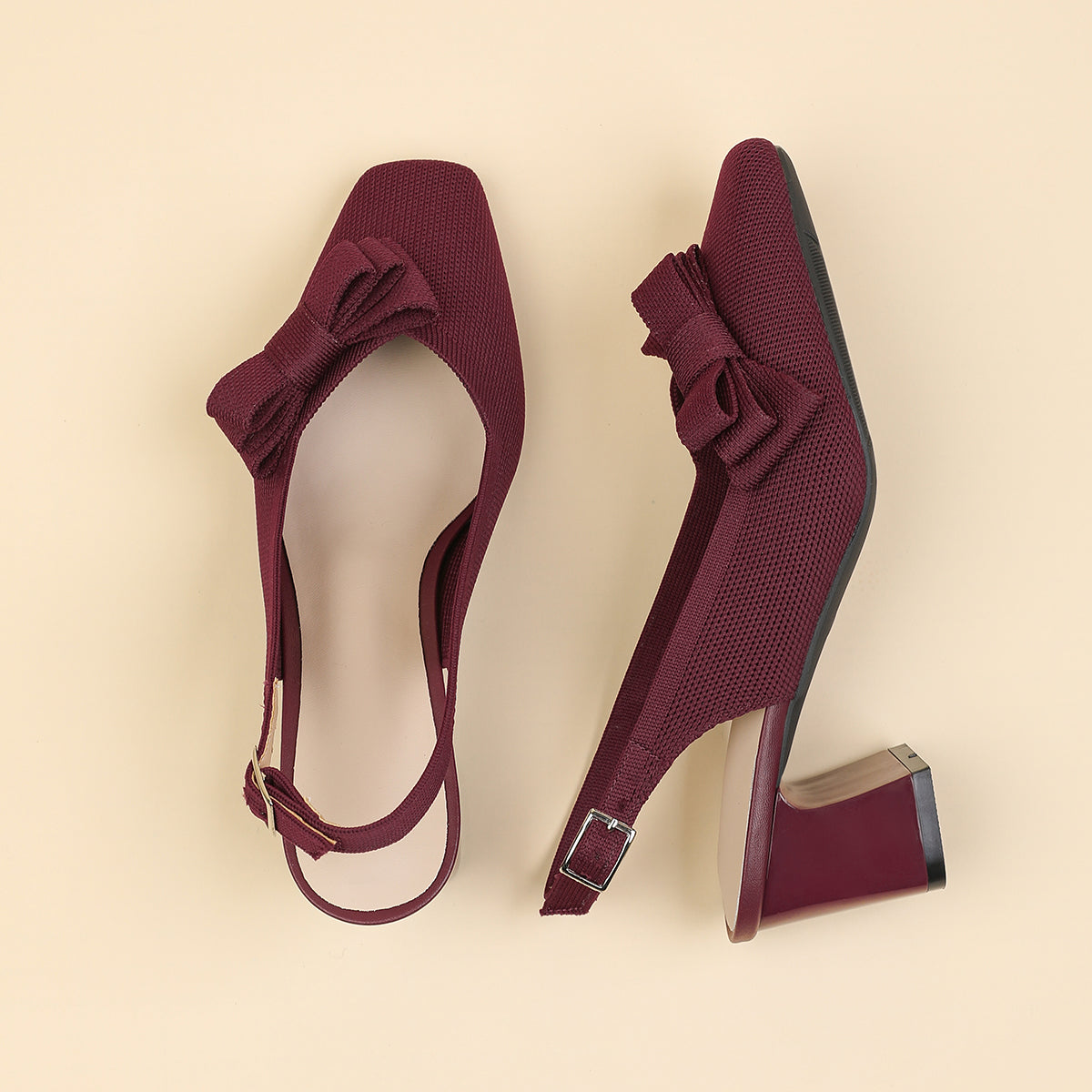 スクエアトゥ 蝶結び付き 太ヒール サンダル レディース