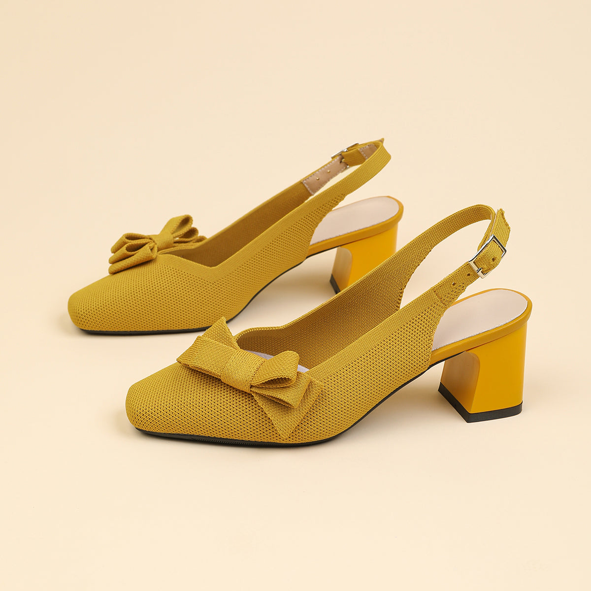 スクエアトゥ 蝶結び付き 太ヒール サンダル レディース