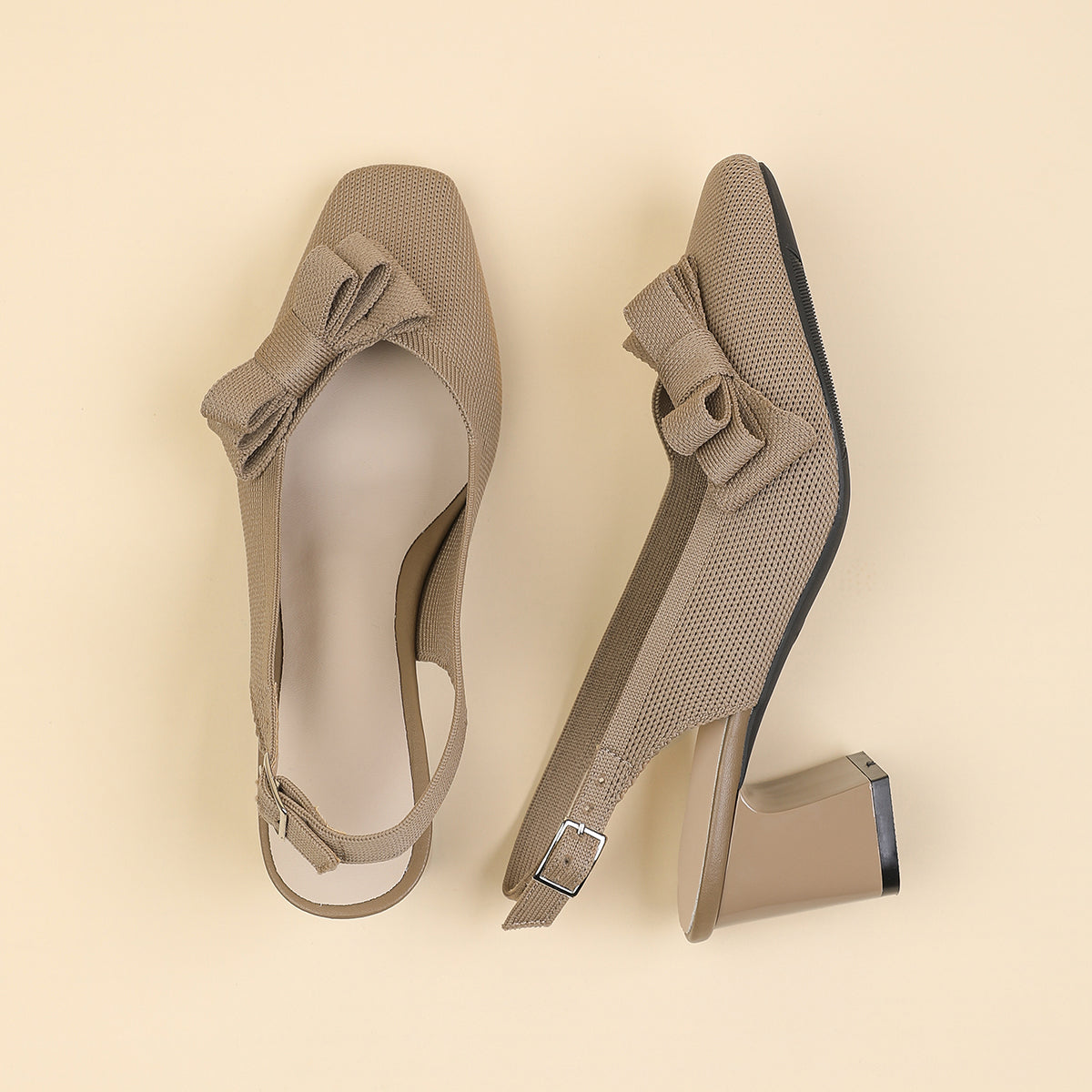 スクエアトゥ 蝶結び付き 太ヒール サンダル レディース