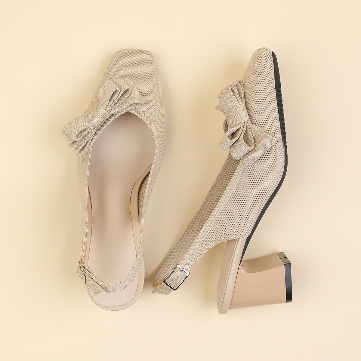 スクエアトゥ 蝶結び付き 太ヒール サンダル レディース