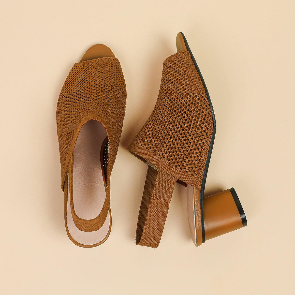 オープントゥ メッシュ チャンキーヒール サンダル