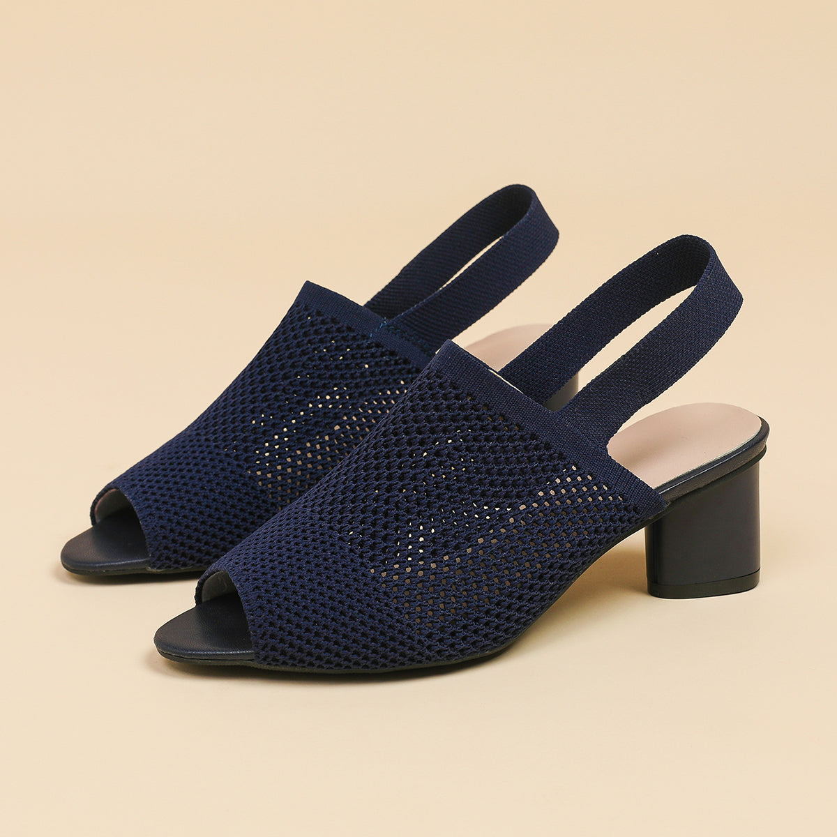 オープントゥ メッシュ チャンキーヒール サンダル