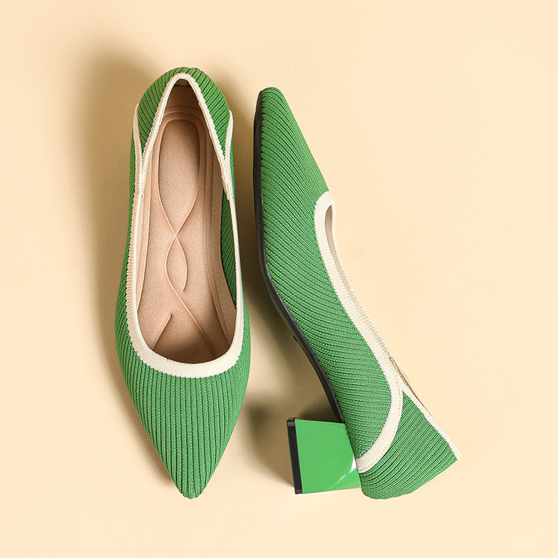 ポインテッドトゥ 浅口 ミドルチャンキーヒール シューズ