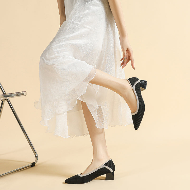 ポインテッドトゥ 浅口 ミドルチャンキーヒール シューズ