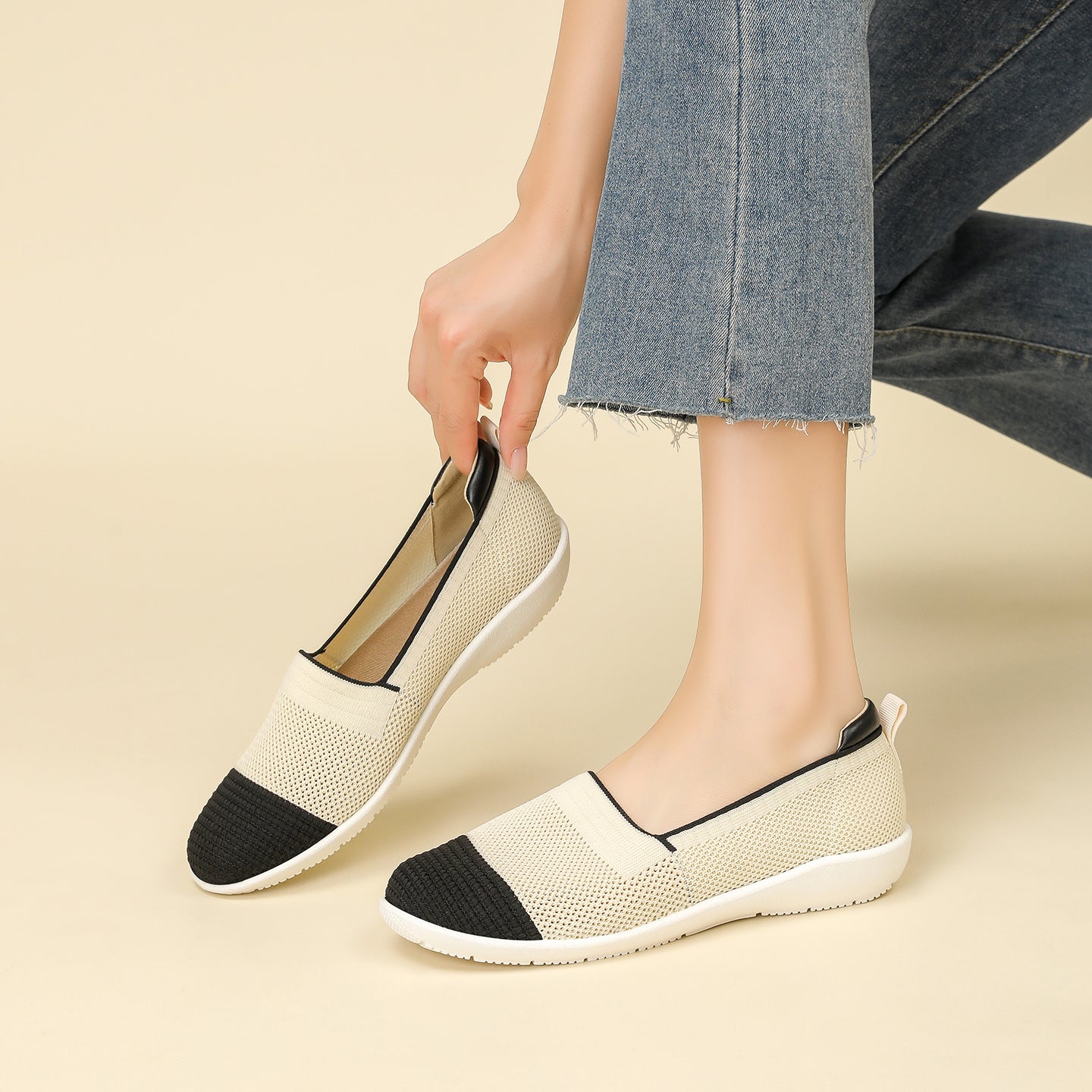 ニット切り替え 厚底 ローファー カジュアルシューズ