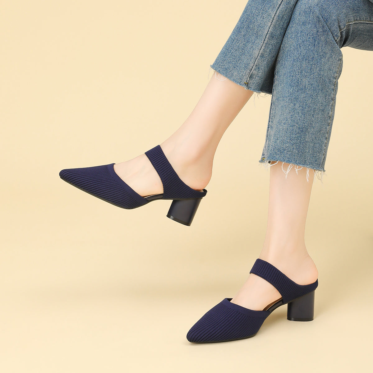 バックレス ワイドストラップ ポインテッドトゥ チャンキーヒール サンダル