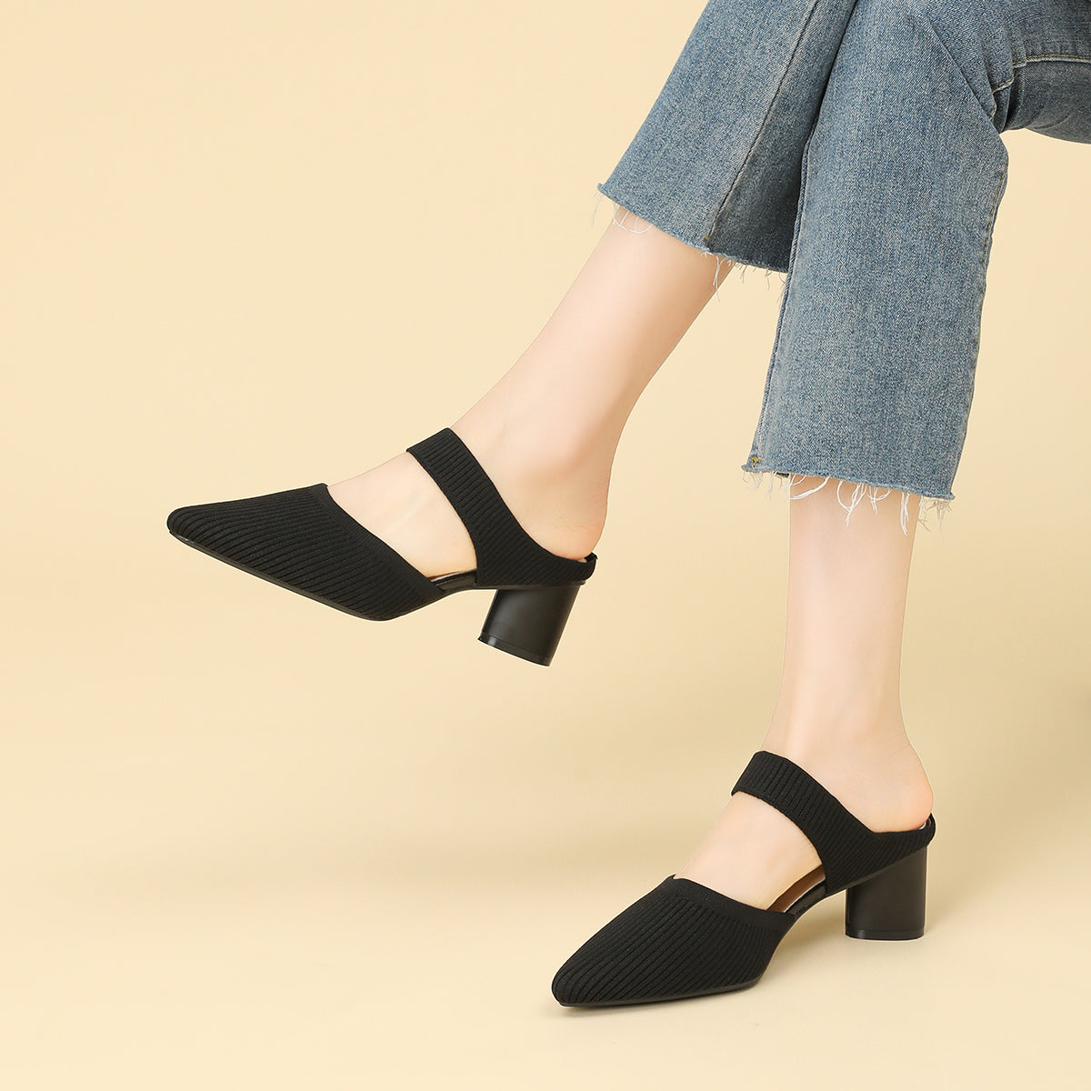 バックレス ワイドストラップ ポインテッドトゥ チャンキーヒール サンダル