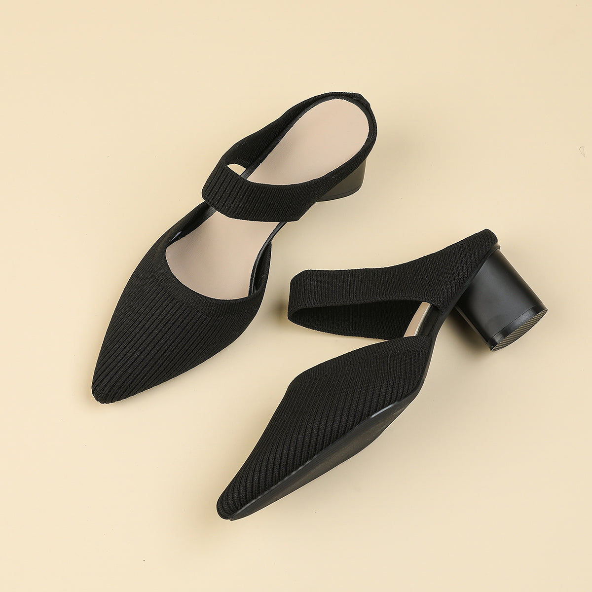 バックレス ワイドストラップ ポインテッドトゥ チャンキーヒール サンダル