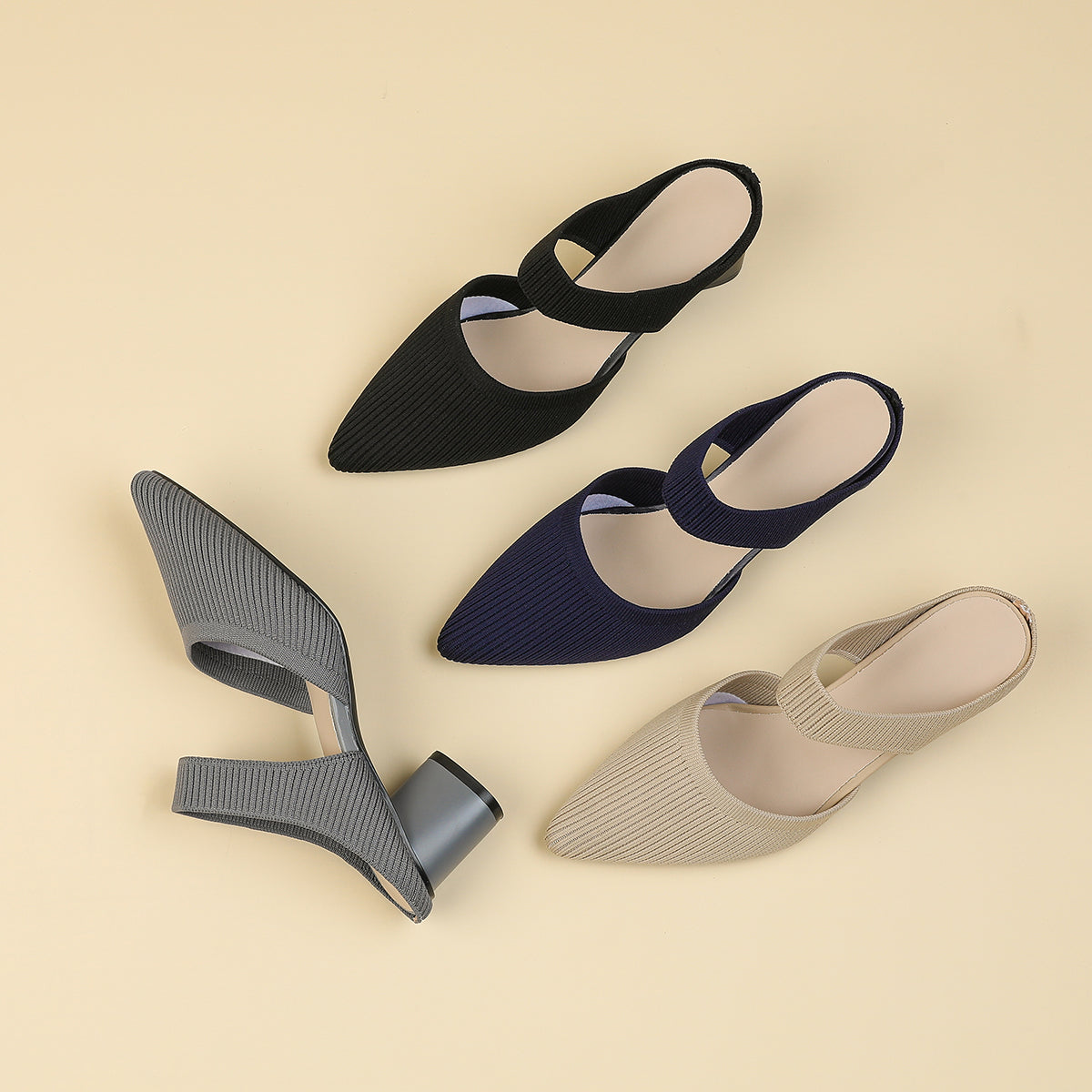 バックレス ワイドストラップ ポインテッドトゥ チャンキーヒール サンダル