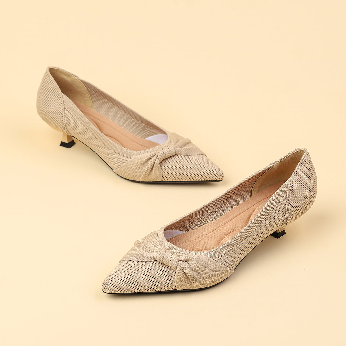 リボン付き ポインテッドトゥ キトゥンヒールパンプス レディース