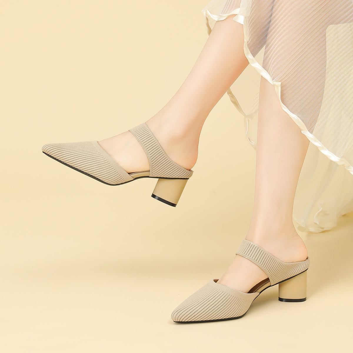 バックレス ワイドストラップ ポインテッドトゥ チャンキーヒール サンダル