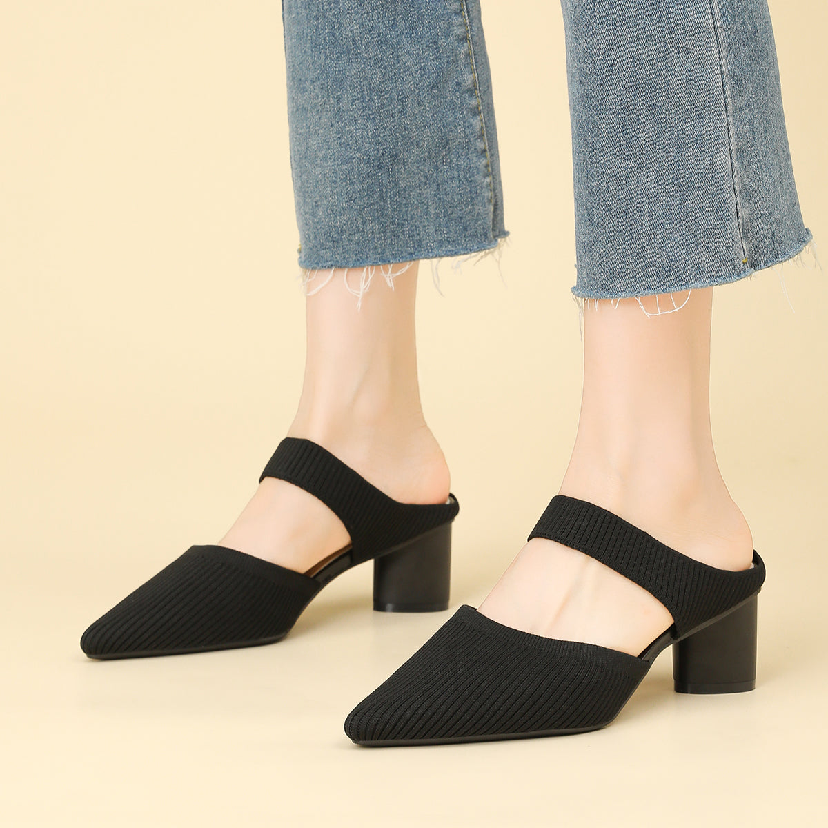 バックレス ワイドストラップ ポインテッドトゥ チャンキーヒール サンダル