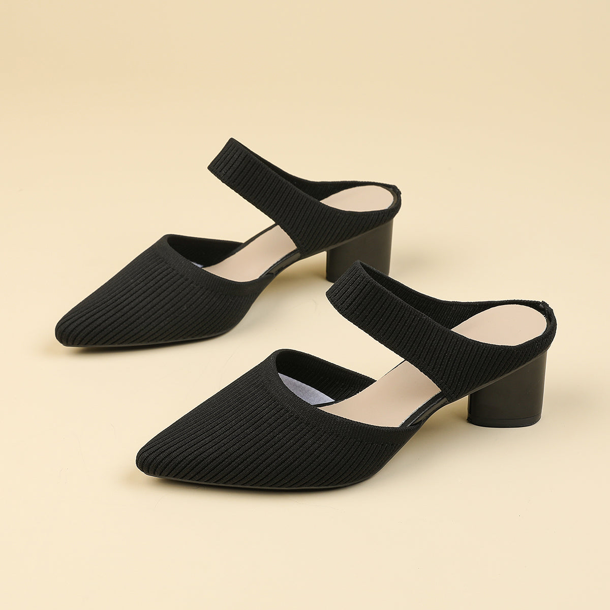 バックレス ワイドストラップ ポインテッドトゥ チャンキーヒール サンダル